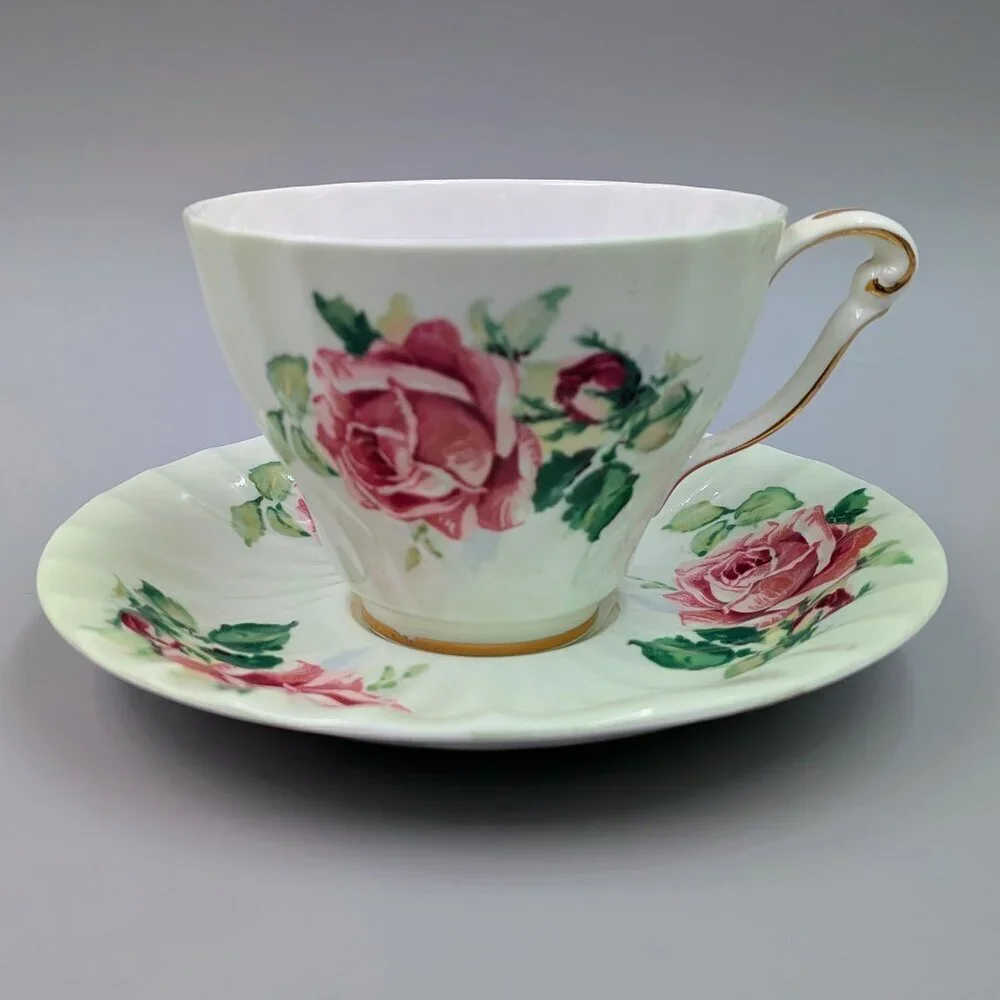 Vintage Queen Anne Bone China Tea Cup and Saucer Set - Mint Green with Pink Cabb